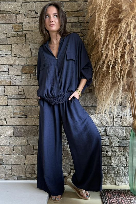 Basso Button Drape Batwing Shirt Navy